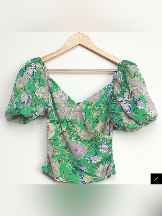 Astr Tops - ASTR the Label Summer Magic Green Floral Print Puff Sleeve Wrap Top Blouse Small